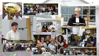 Ökumenischer Gottesdienst auf dem Kerweplatz Die Bildcollage zeigt eine katholische Pastoralreferentin, eine protestantische Pfarreien, Mitfeiernde, Musiker und weitere Impressionen von einem ökumenischen Gottesdienst zur Kirchweihe